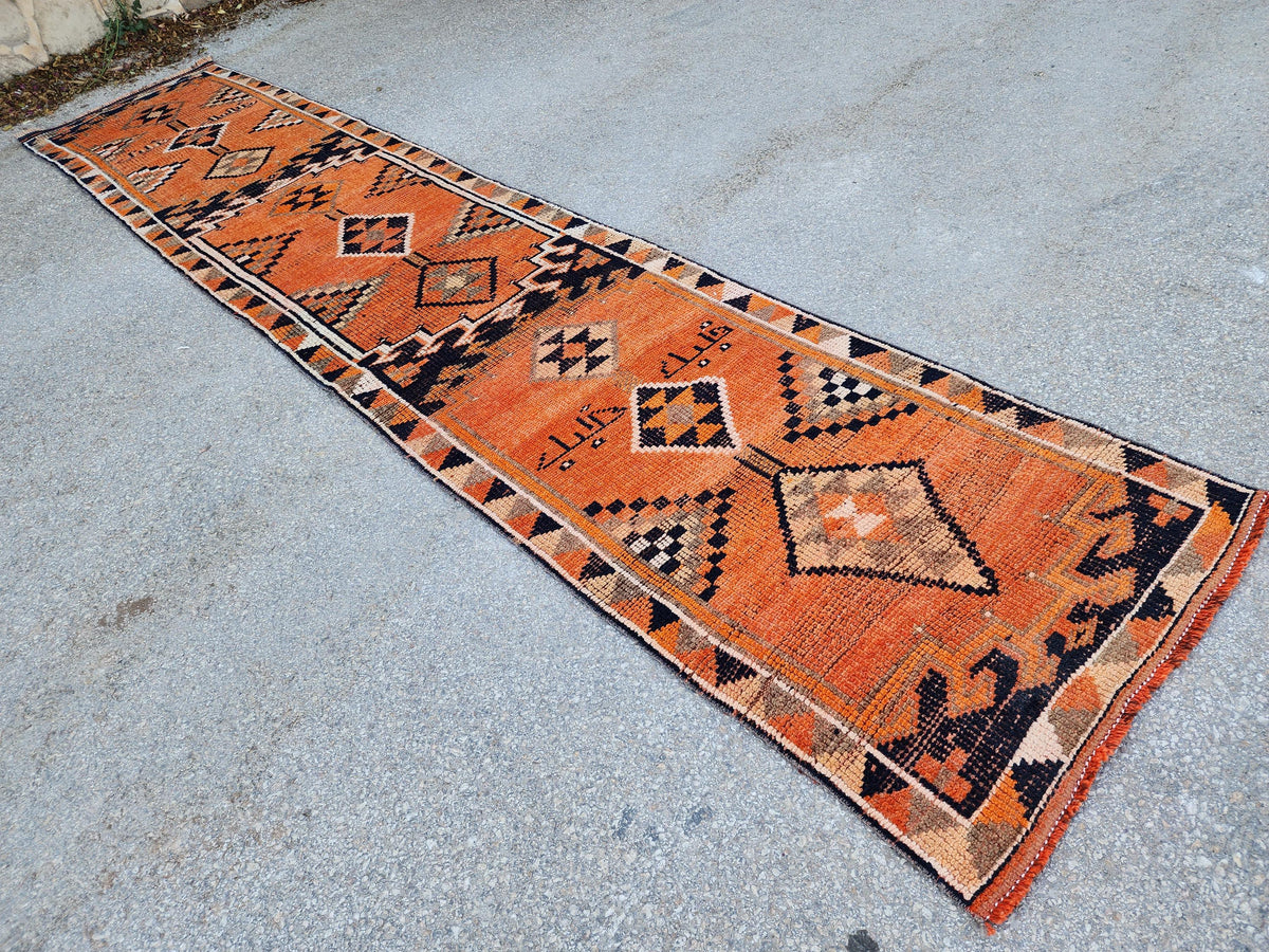 Herki Runner Rug 2x13, Hand Knotted Wool, Oriental Rustic Decor, Eco Friendly, Stair Runner