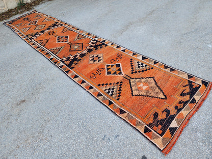 Herki Runner Rug 2x13, Hand Knotted Wool, Oriental Rustic Decor, Eco Friendly, Stair Runner