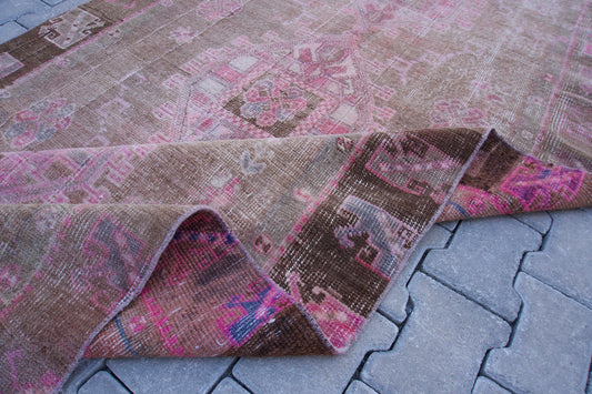 Vintage Kars Rug 4.6x10.6: Brown & Pink Hand-Knotted Turkish Wool Rug