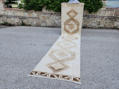 Neutral Runner Rug 3x13, Hand Knotted Rustic Boho Decor, White and Brown