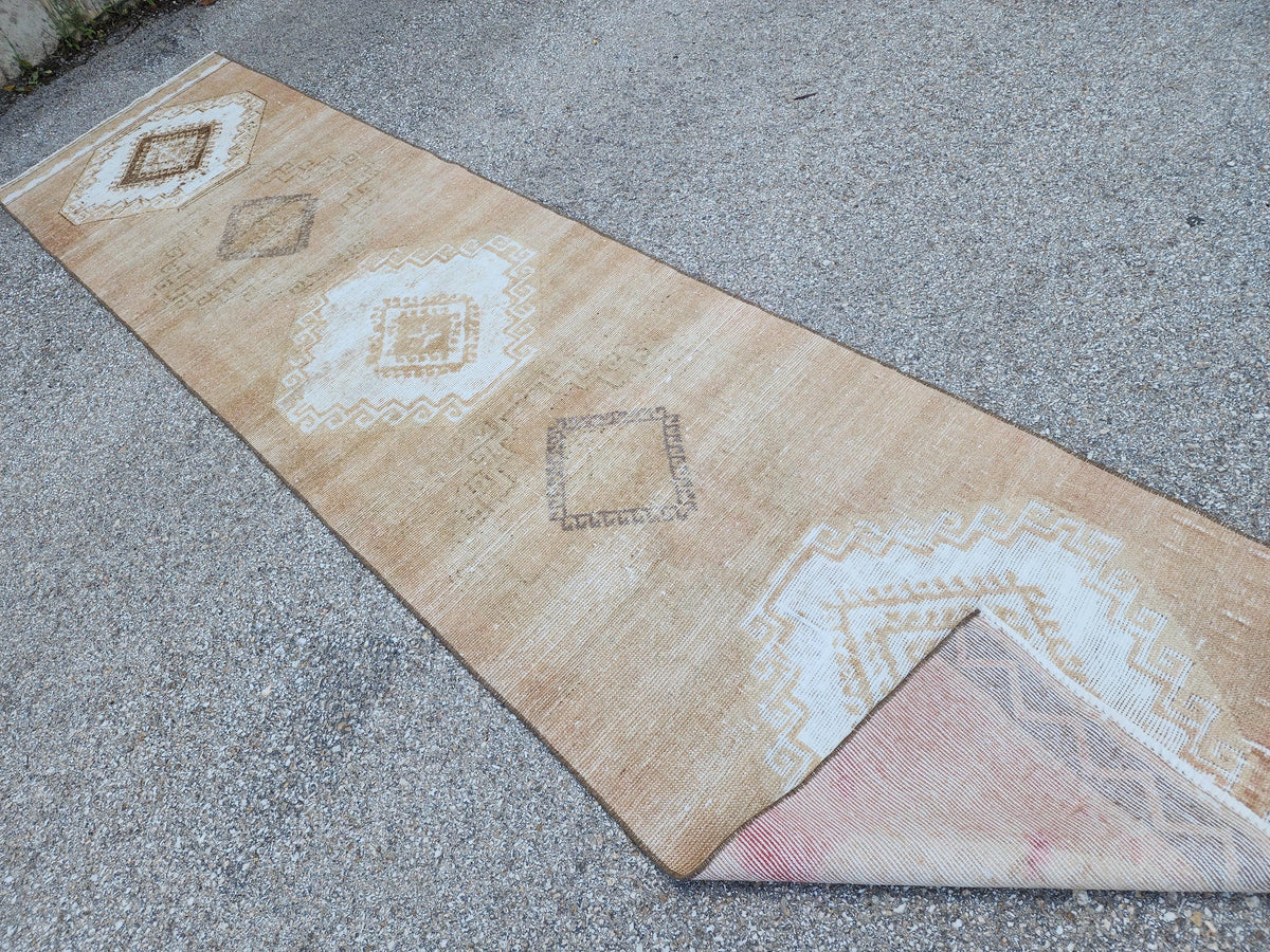 3x12 Brown Turkish Runner Rug: Neutral Geometric Farmhouse Style
