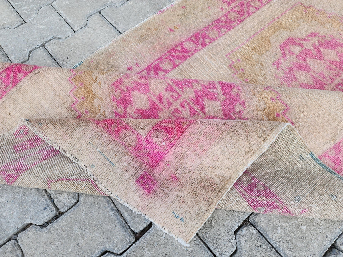Vintage Pink Wool Oushak Runner Rug - 3x9 Oriental Entryway Rug