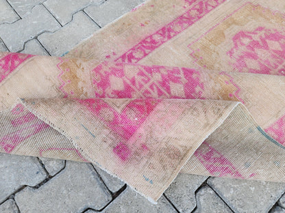 Vintage Pink Wool Oushak Runner Rug - 3x9 Oriental Entryway Rug