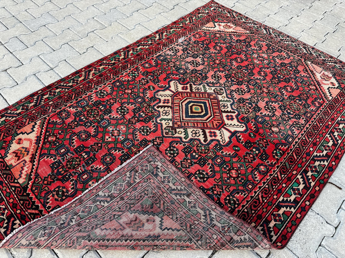 4x7 Vintage Turkish Rug: Red Oushak Handmade Small Rug