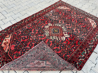 4x7 Vintage Turkish Rug: Red Oushak Handmade Small Rug