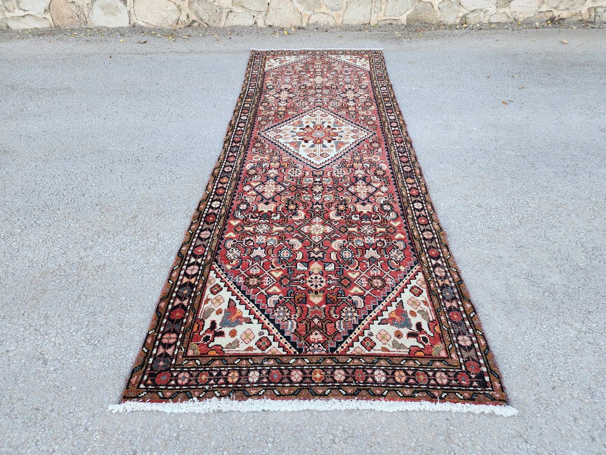 Oriental Boho Runner Rug 3x10: Hand Knotted, Red and White