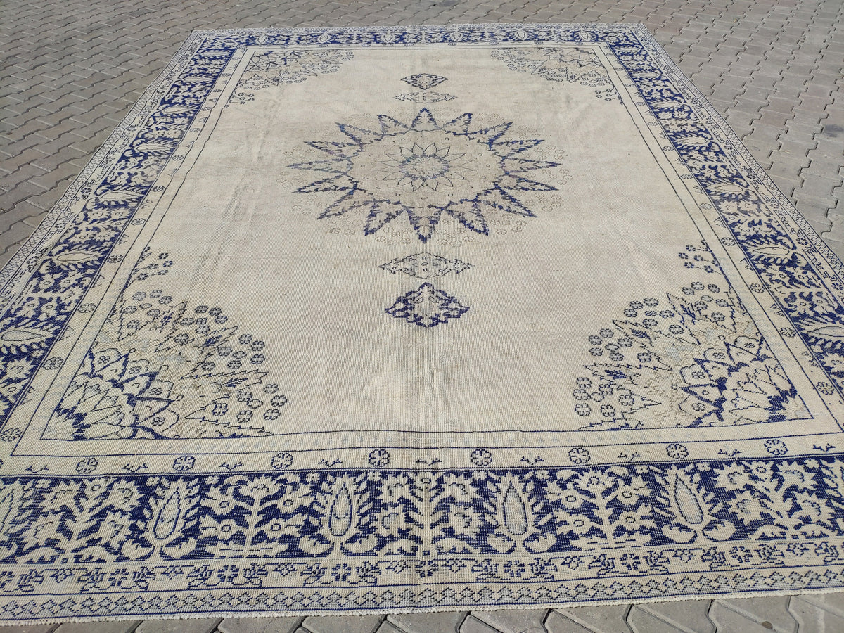 10x13 Handwoven Turkish Oushak Rug, Blue Wool Area Rug, Neutral Oversize Home Decor