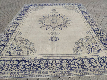 10x13 Handwoven Turkish Oushak Rug, Blue Wool Area Rug, Neutral Oversize Home Decor