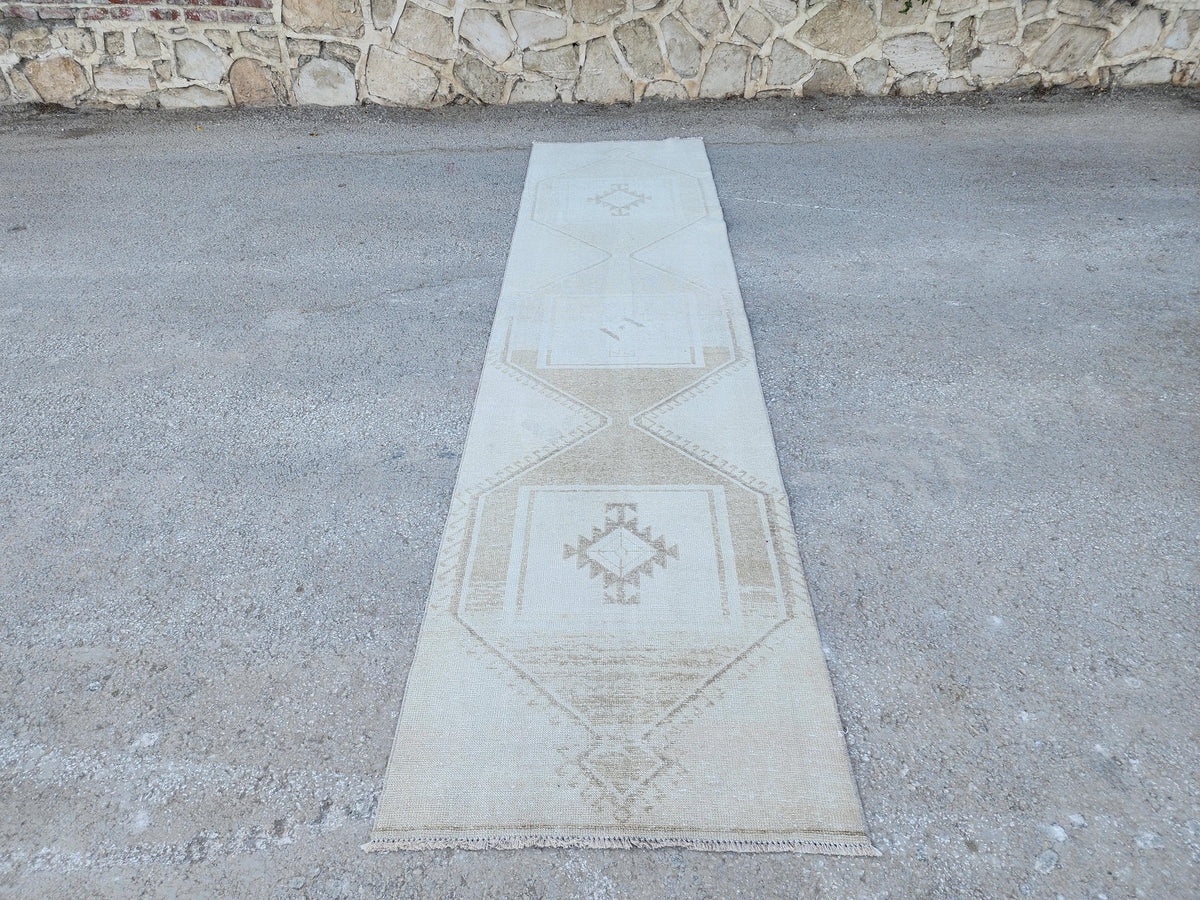 3x12 Turkish Wool Runner Rug: Hand Knotted, Beige and Brown
