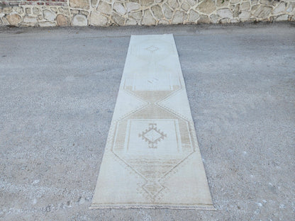 3x12 Turkish Wool Runner Rug: Hand Knotted, Beige and Brown