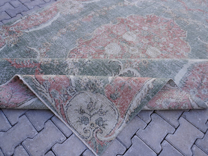 7x10 Handwoven Turkish Rug: Green Wool & Cotton Blend, Home Bohemian Decor
