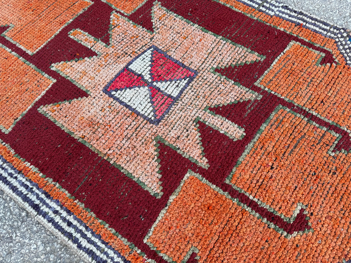 3x10 Herki Runner Rug: Vintage Handwoven Wool in Burnt Orange and Green Tribal Motifs