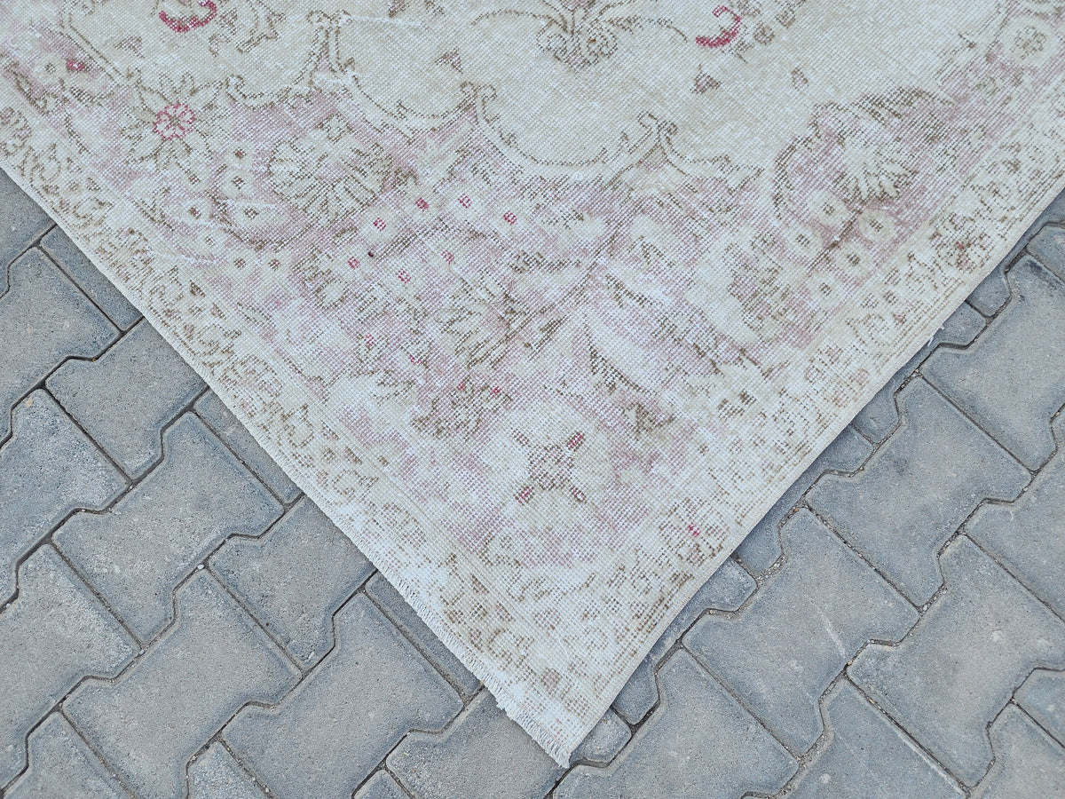 7x10 Oushak Rug: Beige Traditional Patterned Wool Carpet