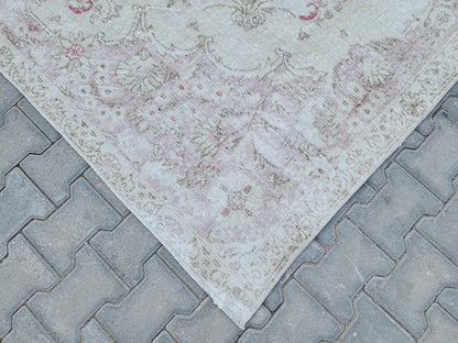 7x10 Oushak Rug: Beige Traditional Patterned Wool Carpet