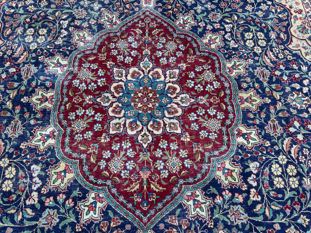 Hand Knotted Wool Rug 9x12: Vintage Oriental Navy Blue Rug