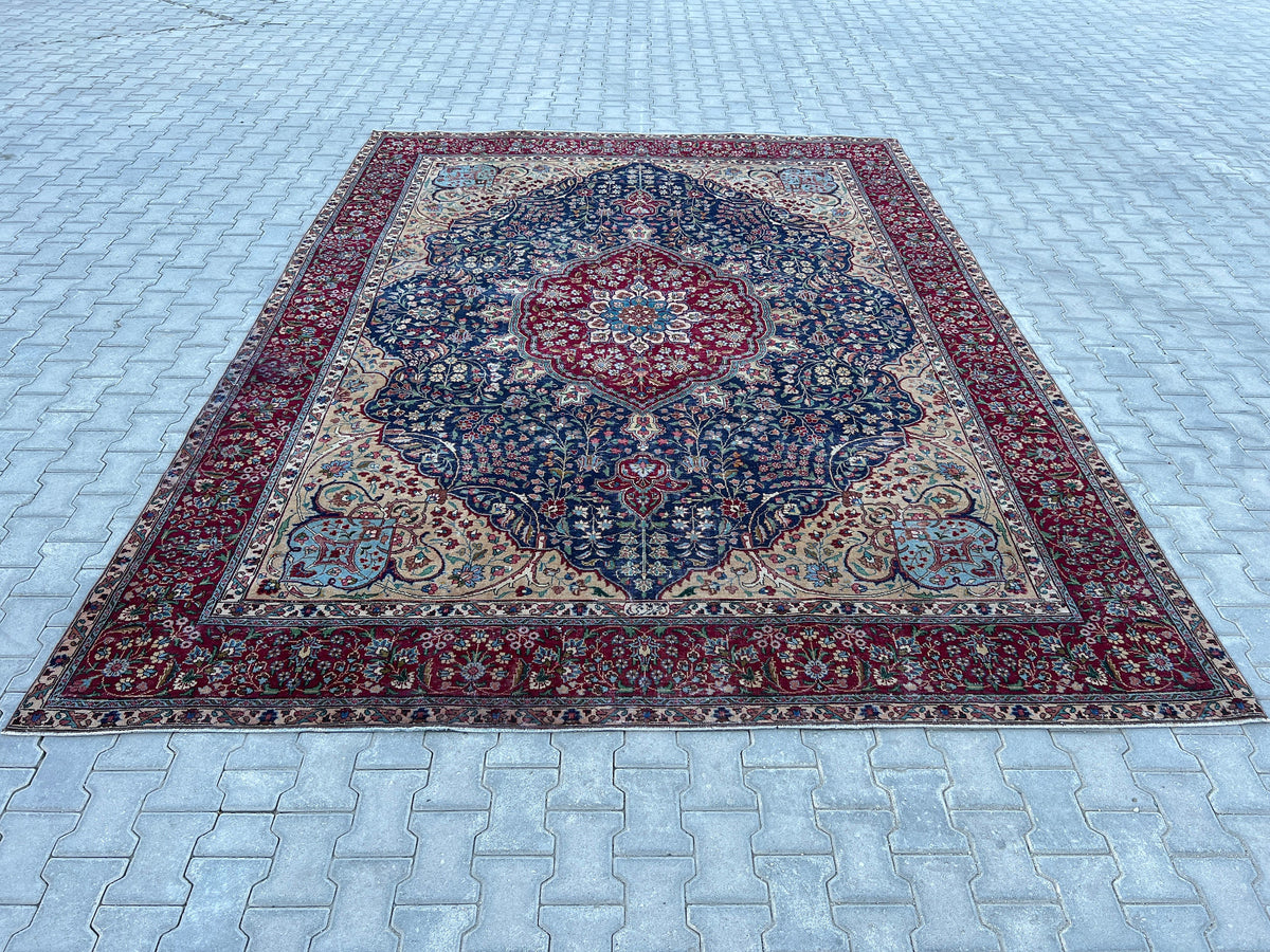Hand Knotted Wool Rug 9x12: Vintage Oriental Navy Blue Rug