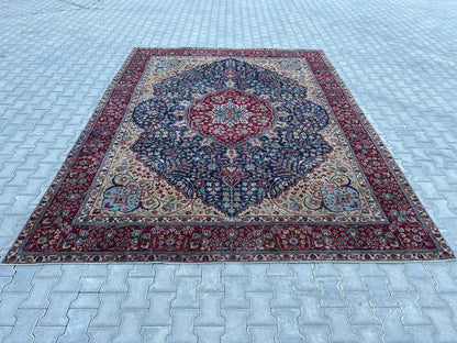 Hand Knotted Wool Rug 9x12: Vintage Oriental Navy Blue Rug