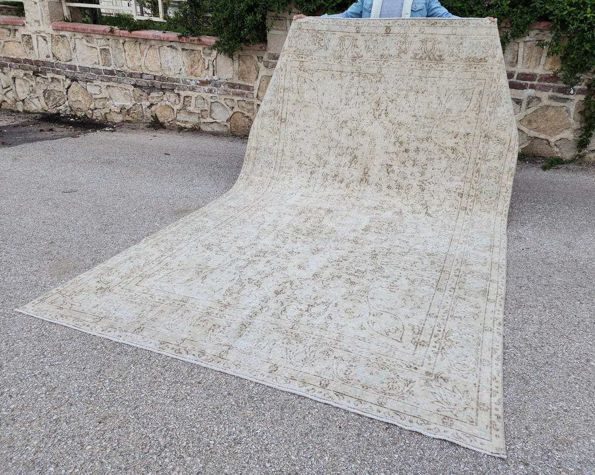Handwoven Turkish Oushak Rug 7x10: Beige Wool, Rustic Decor