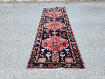 Vintage Wool Runner Rug: Animal Design, Navy Blue and Faded Red