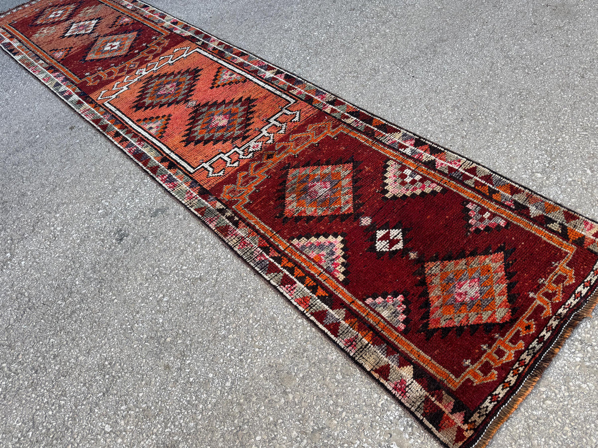 2x11 Runner Rug: Vintage Wool in Maroon and Orange with Geometric Tribal Pattern