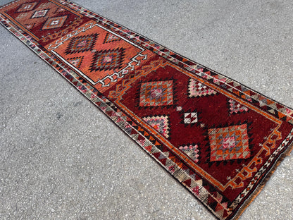2x11 Runner Rug: Vintage Wool in Maroon and Orange with Geometric Tribal Pattern