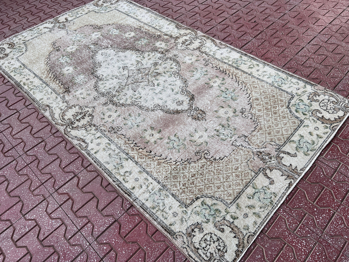 Handwoven Turkish Oushak Rug 4x7: Wool & Cotton Bohemian Rug