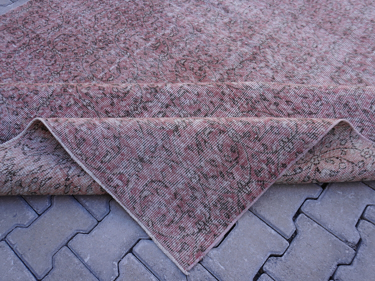 Handwoven Turkish Rug 7x10: Faded Red Wool & Cotton, Dining Room Decor