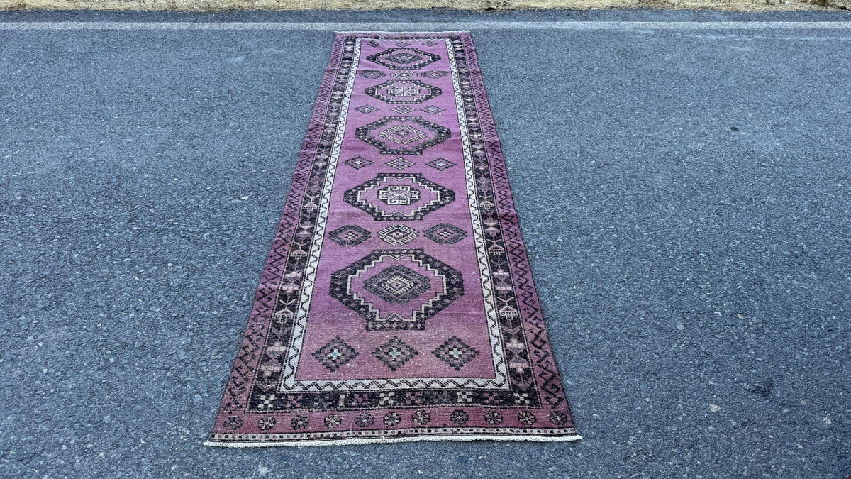 3x12 Purple Wool Runner Rug, Hand Made Rustic Decor, Kitchen Decor