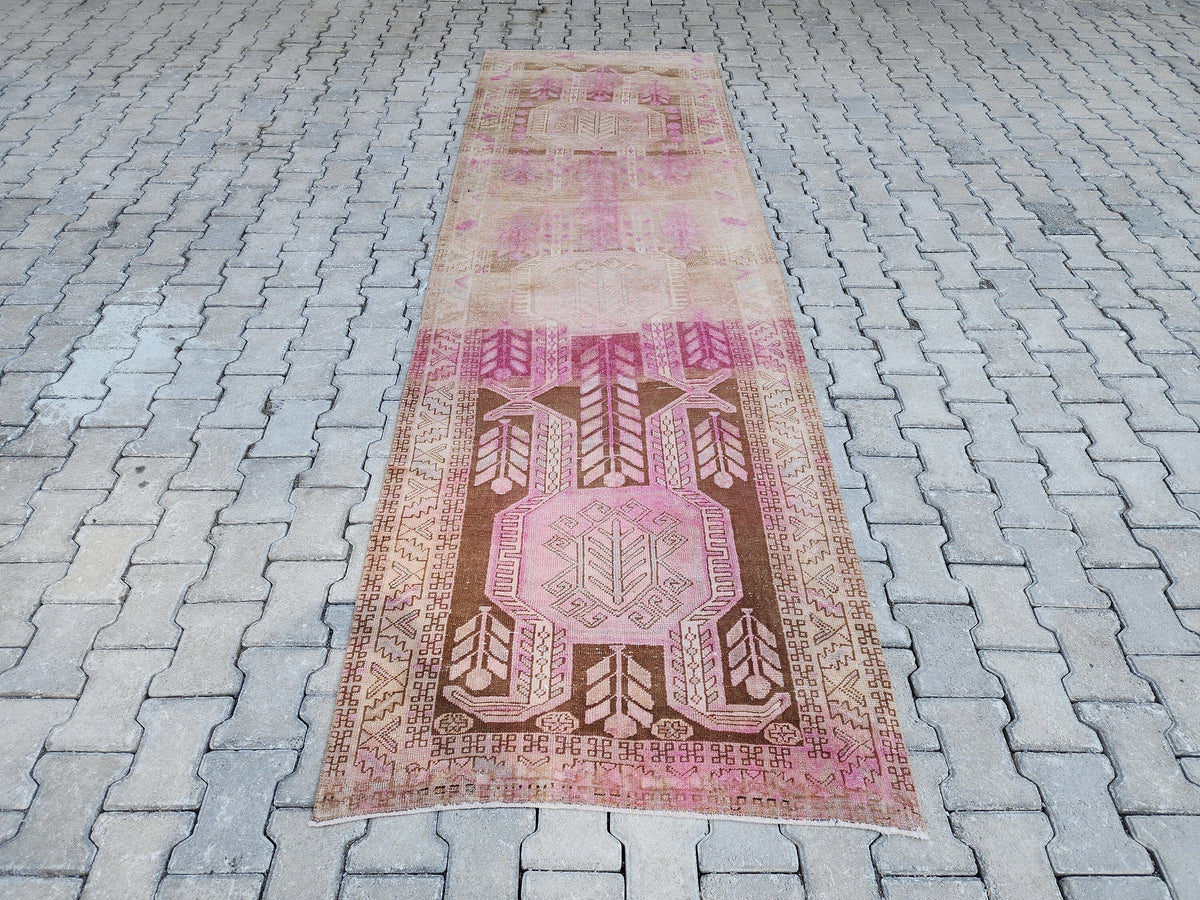3x11 Pink Wool Runner Rug, Hand-Knotted Hallway & Entryway Rug, Neutral Boho Decor