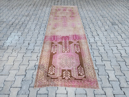 3x11 Pink Wool Runner Rug, Hand-Knotted Hallway & Entryway Rug, Neutral Boho Decor