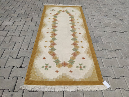Eclectic Kilim Rug 3x6: Beige Turkish Handmade Rug