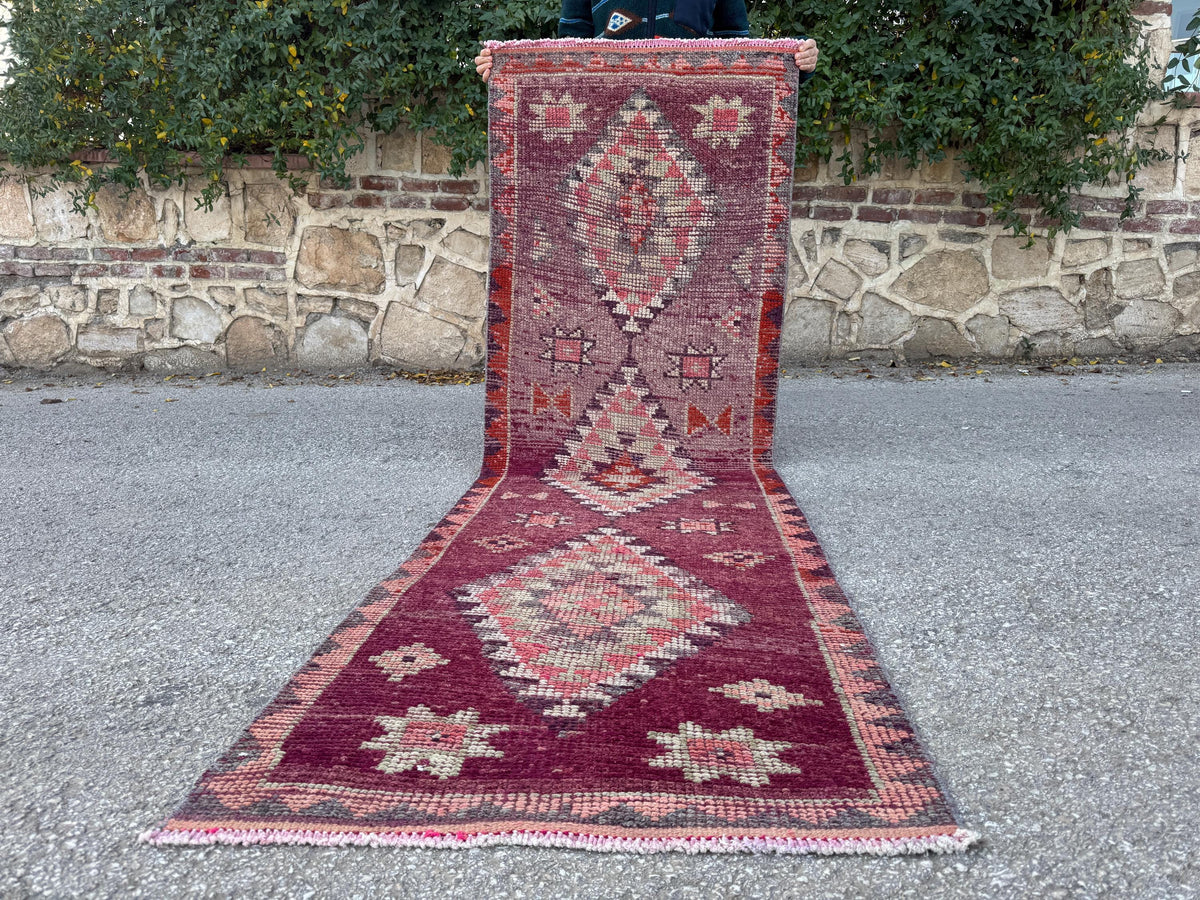 2x8 Tribal Medallion Runner: Handwoven Turkish Wool Purple and Red with Geometric Motifs