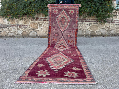2x8 Tribal Medallion Runner: Handwoven Turkish Wool Purple and Red with Geometric Motifs