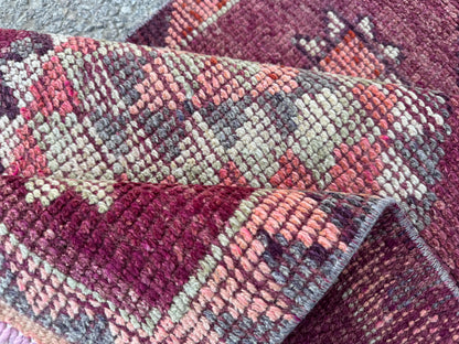 2x8 Tribal Medallion Runner: Handwoven Turkish Wool Purple and Red with Geometric Motifs