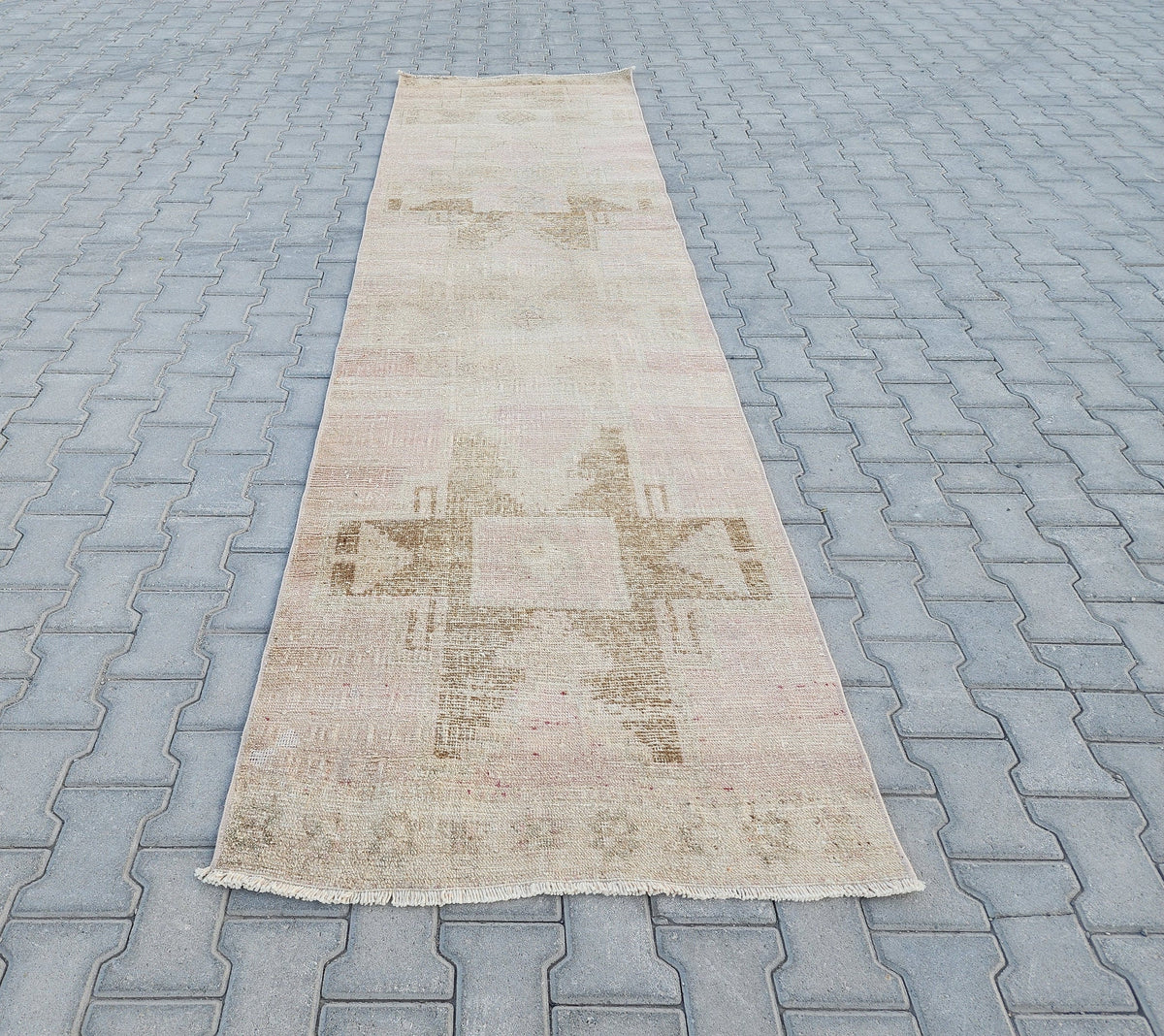 3x11 Turkish Runner Rug: Hand Woven Wool Neutral Beige with Subtle Geometric Pattern