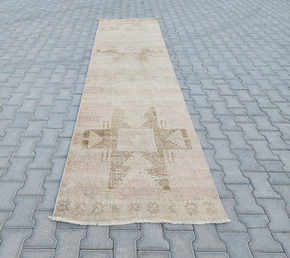 3x11 Turkish Runner Rug: Hand Woven Wool Neutral Beige with Subtle Geometric Pattern