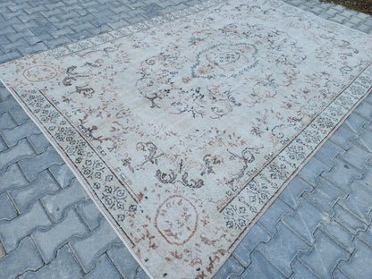 Muted Ivory Turkish Wool Rug 6x10: Semi Antique Neutral Rug