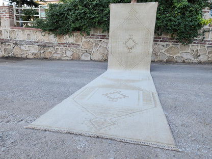 3x12 Turkish Wool Runner Rug: Hand Knotted, Beige and Brown
