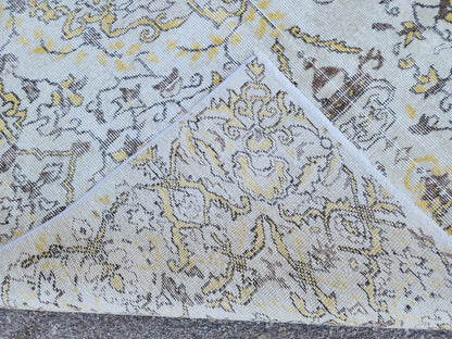 7x9 Handwoven Turkish Oushak Rug: Vintage Wool Rug, Beige and Yellow Neutral Palette