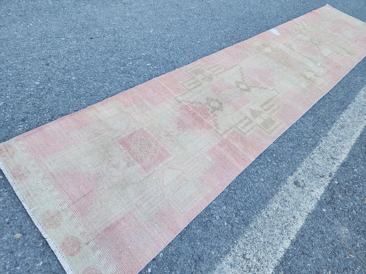 Neutral Runner Rug 2.7x13.7 ft, Stair Wool Runner Rug, Powder Pink Hand Made Decor