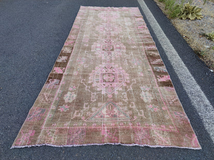 4x11 Turkish Runner Rug: Brown Abstract Hallway Carpet