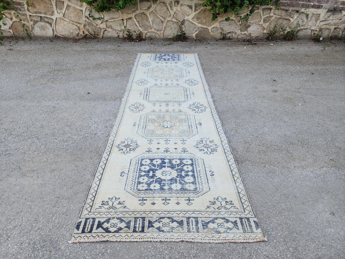 Neutral Geometric Runner Rug 3x10, Turkish Hand Made Rustic Home Decor, Beige and Blue Wool