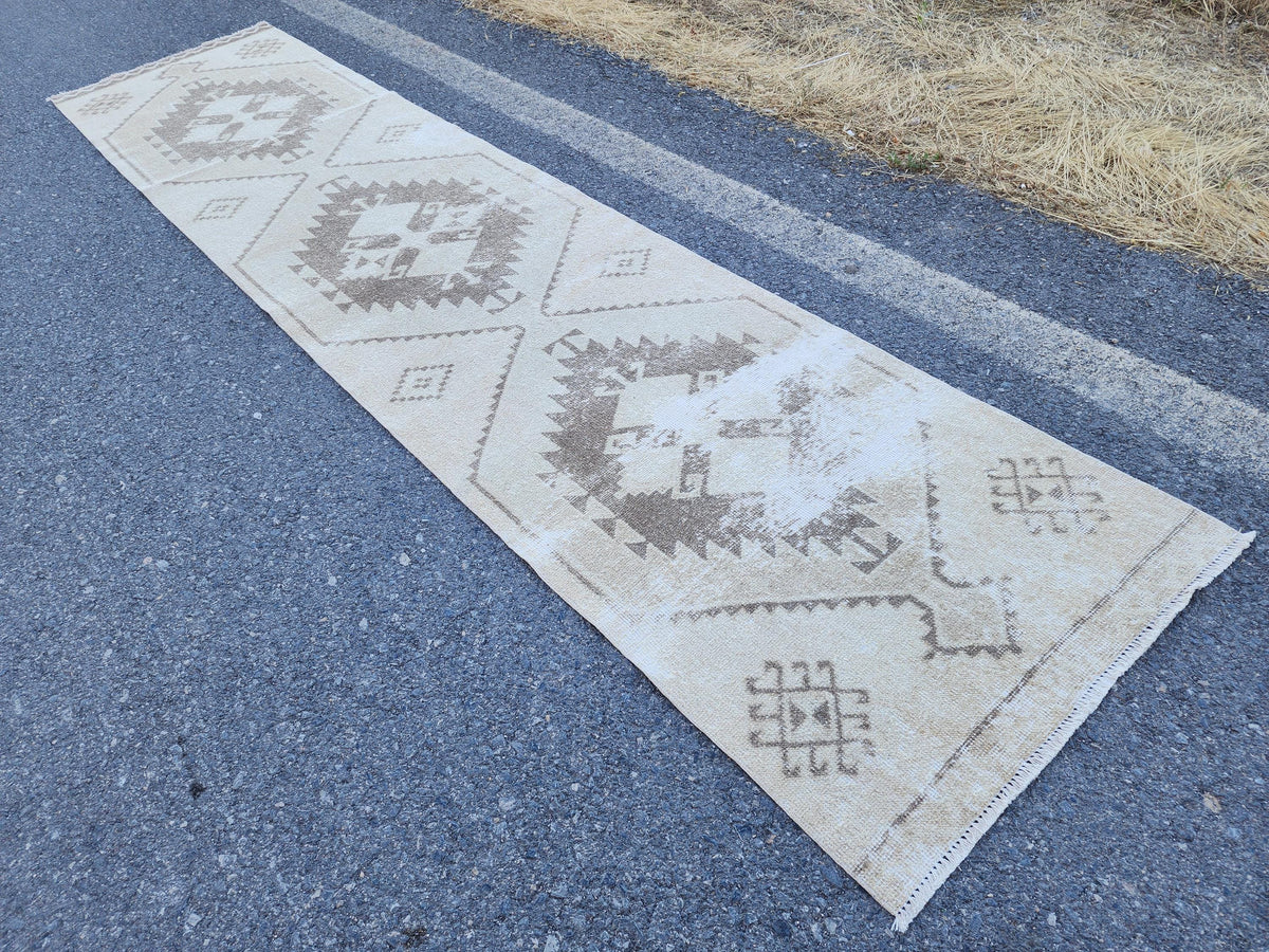 Neutral Runner Rug 2.7x12.7 ft, Oriental Living Room Decor, Hallway Boho Decor, Gift For Mom