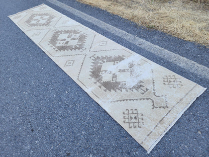 Neutral Runner Rug 2.7x12.7 ft, Oriental Living Room Decor, Hallway Boho Decor, Gift For Mom