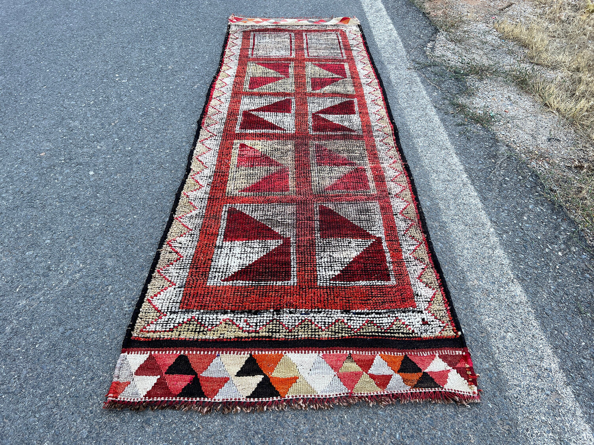 Handwoven Vintage Herki Rug: Geometric Bohemian Runner (3x10)