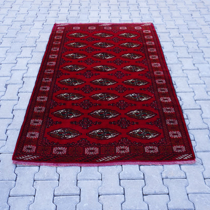 4x6 Vintage Turkmen Rug: Hand-Knotted Wool, Red Accent Rug