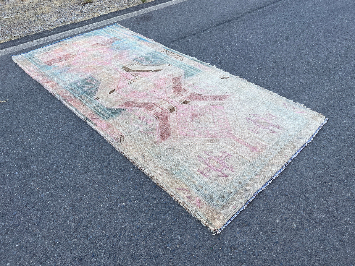 Vintage Turkish Wool Area Rug 4x9: Oriental Entryway Rug