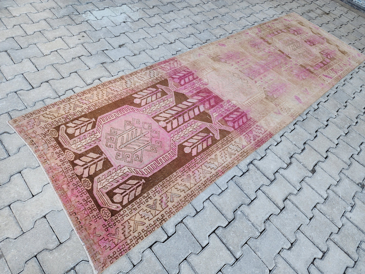 3x11 Pink Wool Runner Rug, Hand-Knotted Hallway & Entryway Rug, Neutral Boho Decor
