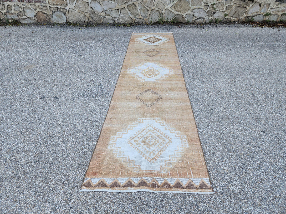 3x12 Brown Turkish Runner Rug: Neutral Geometric Farmhouse Style