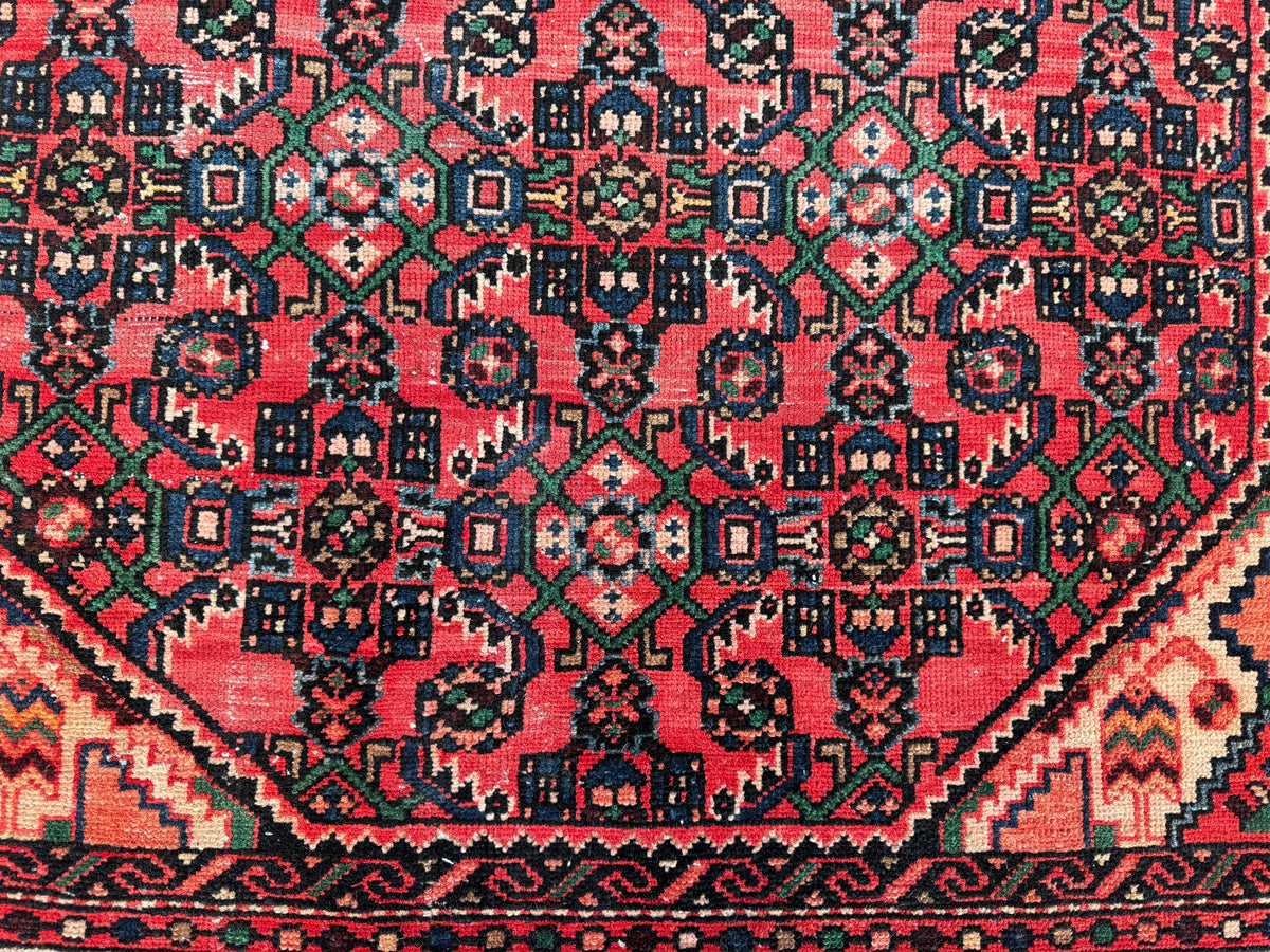 4x7 Vintage Turkish Rug: Red Oushak Handmade Small Rug